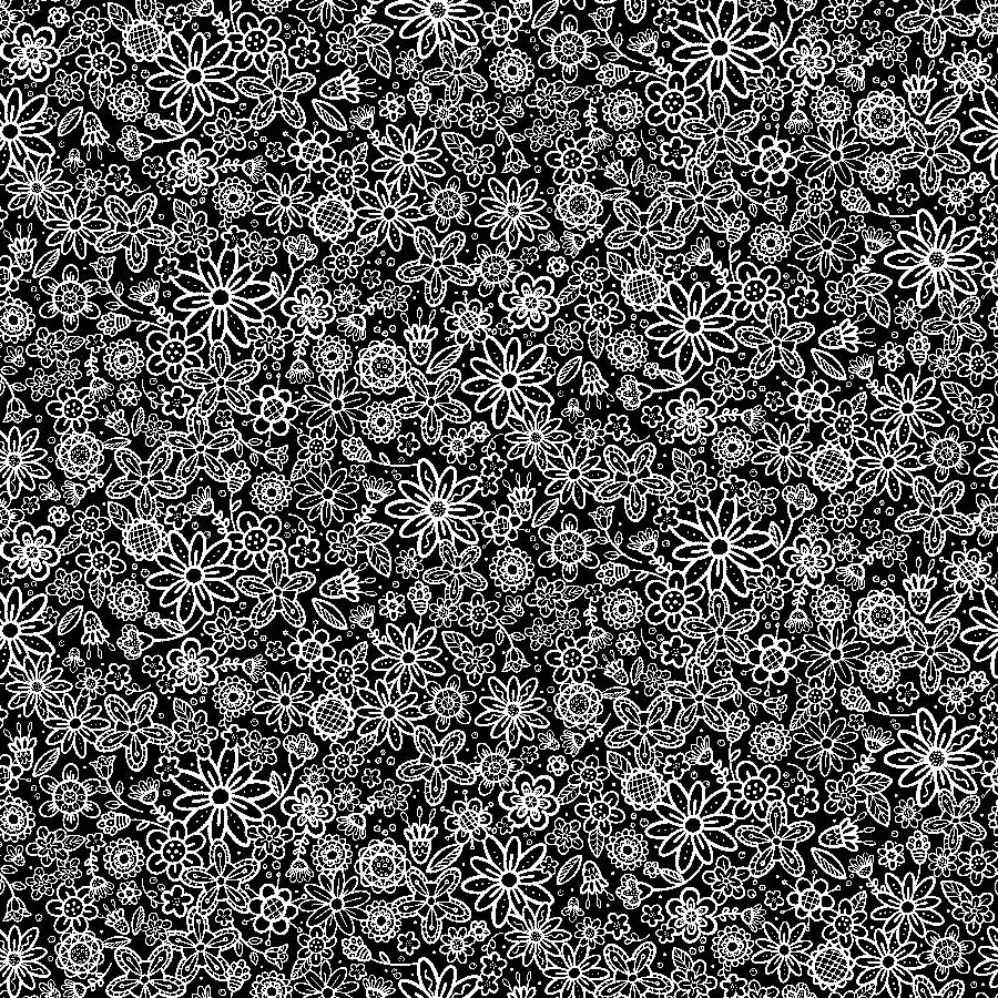 Basically Black and White - Groovy Garden - White on Black - 1/2m cuts