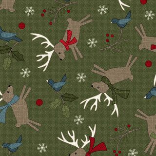Holly Jolly Flannel - Reindeer - Green - 1/2m cut