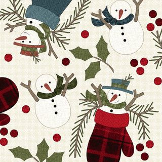 Holly Jolly Flannel - Snowmen in Mittens - Cream - 1/2m cut