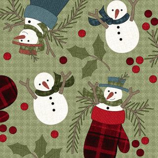 Holly Jolly Flannel - Snowmen in Mittens - Green - 1/2m cut