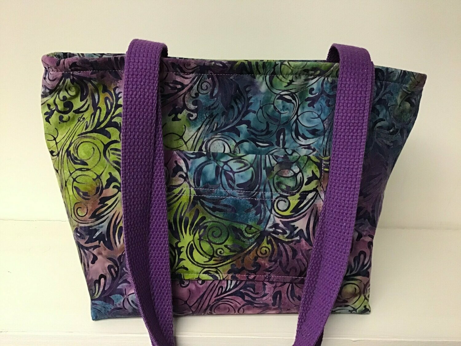 Batik leaf tendrils in purple, green & blue, purple straps