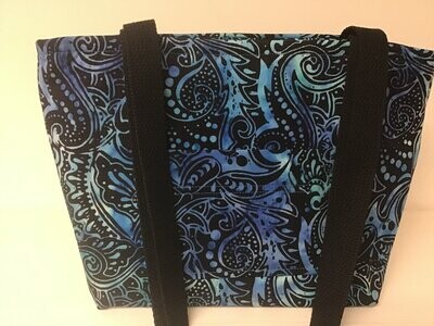Wild geometric batik print in blues on black, black straps
