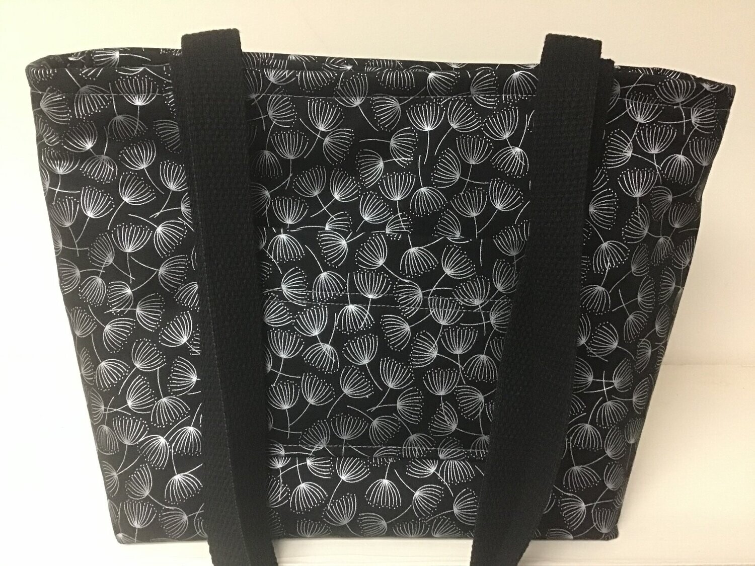 Flying silver Queen Anne's Lace on jet black, black straps