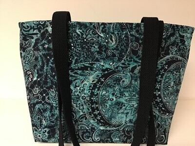Paisley-ish floral in teal, silver and black, black straps
