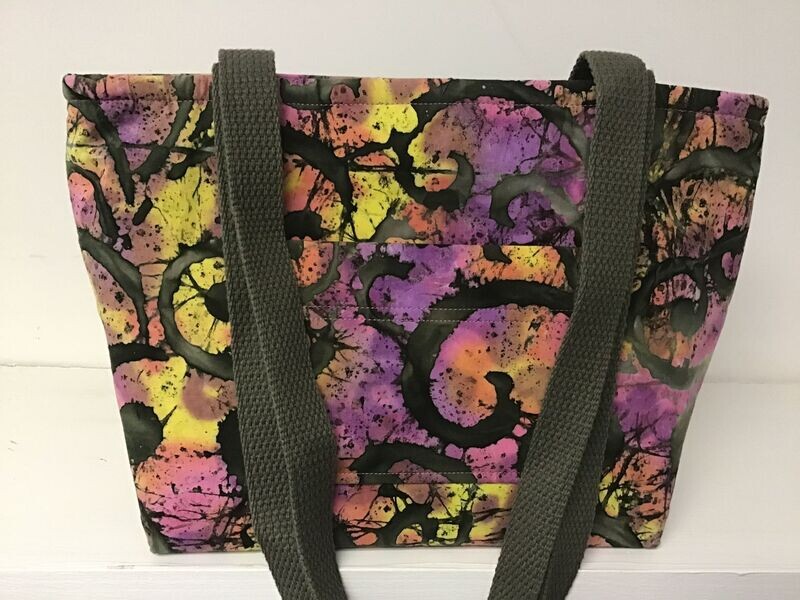 Multicolored batik swirl print, olive green straps