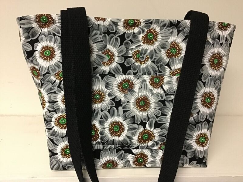 Gray, white & brown sunflowers on black, black straps