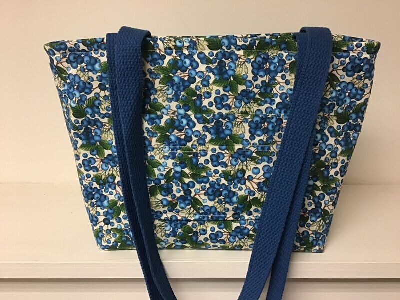 Blueberries and leaves on cream, medium blue straps