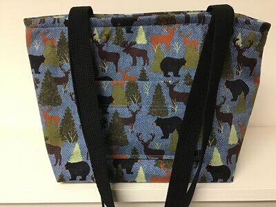 Bear, moose, & deer on a soft blue herringbone print, black straps