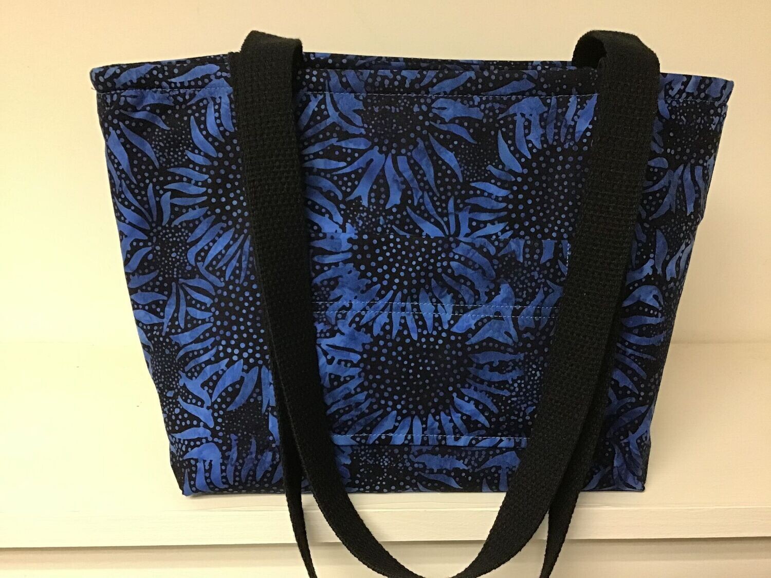 Cobalt blue batik sunflowers on black, black straps