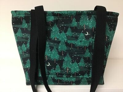Pine trees, snow, & crescent moons on a night sky, black straps