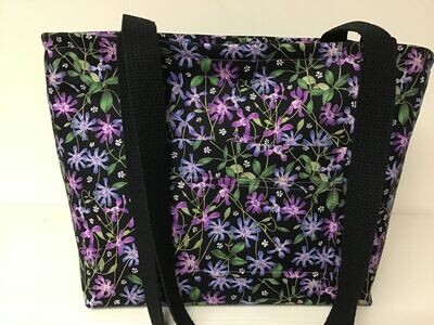 blue and soft violet wild flowers on black, black straps