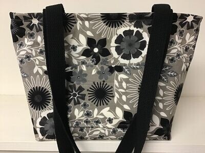 Clean lines of this floral print in gray, black & white, black straps
