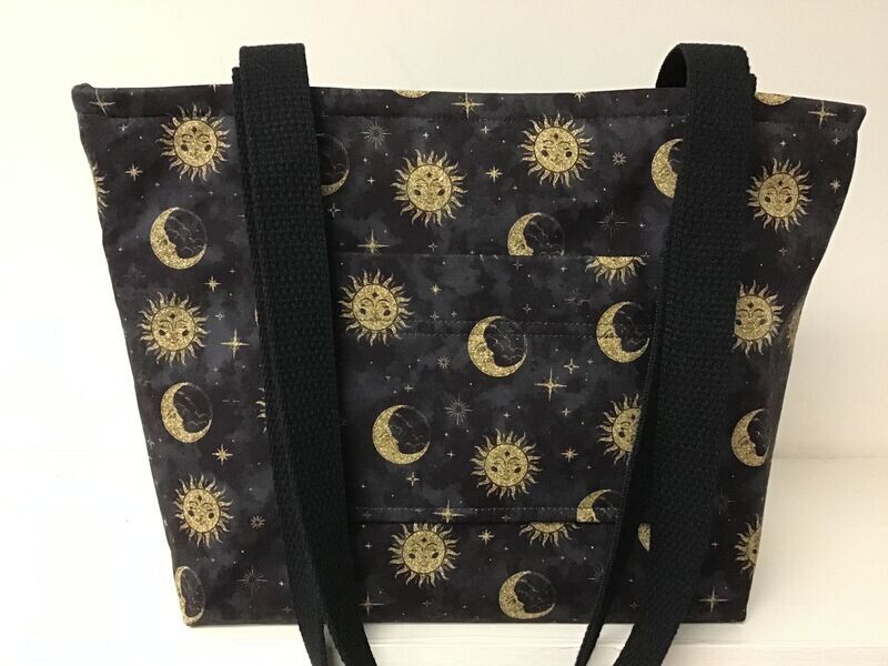 Ornate sun & moon print in gold on black, black straps