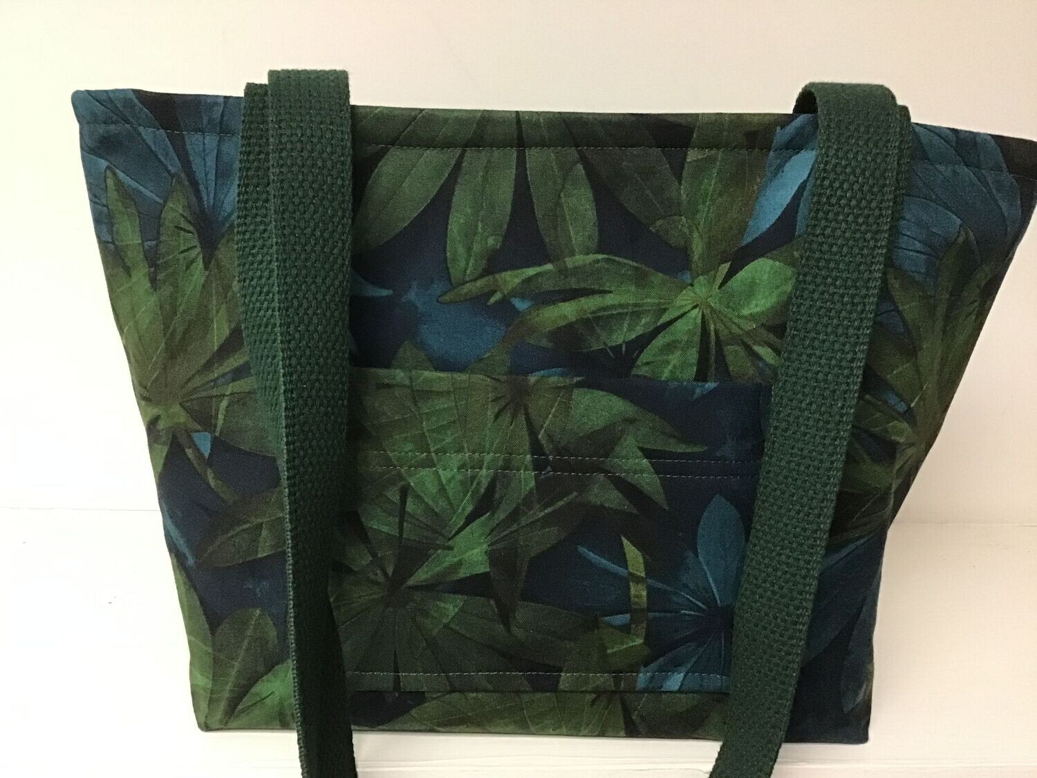 Dark green & almost teal leaf print, dark green straps