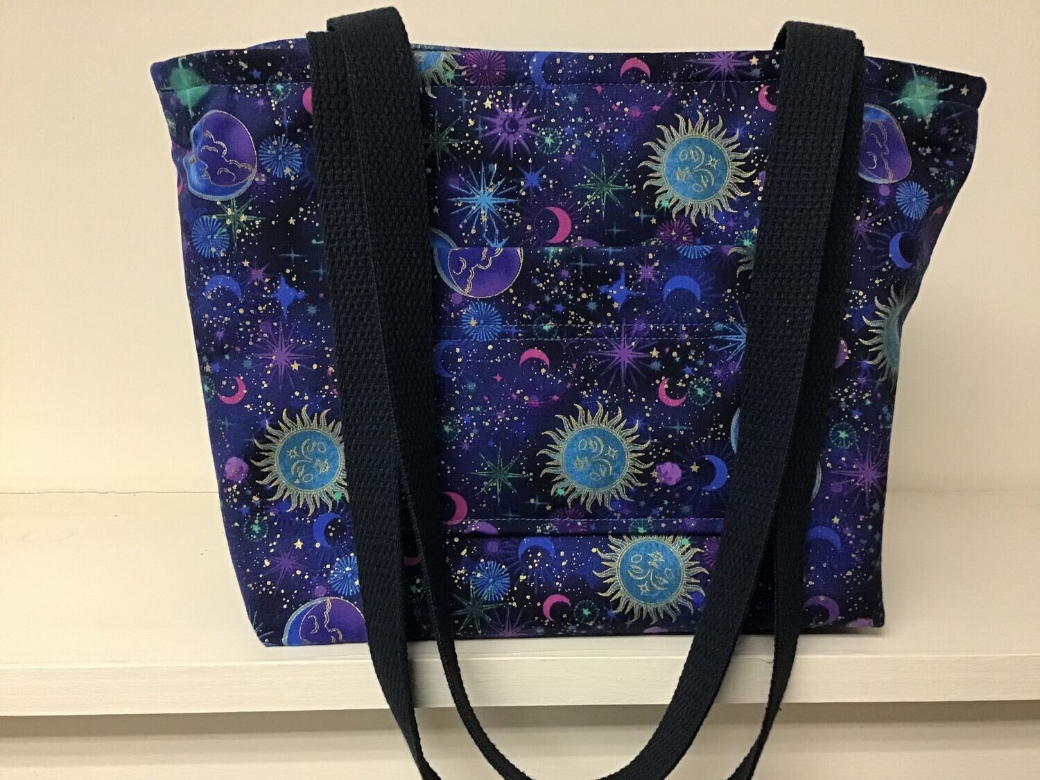 Sun, moon & stars on a dark blue sky, dark blue straps