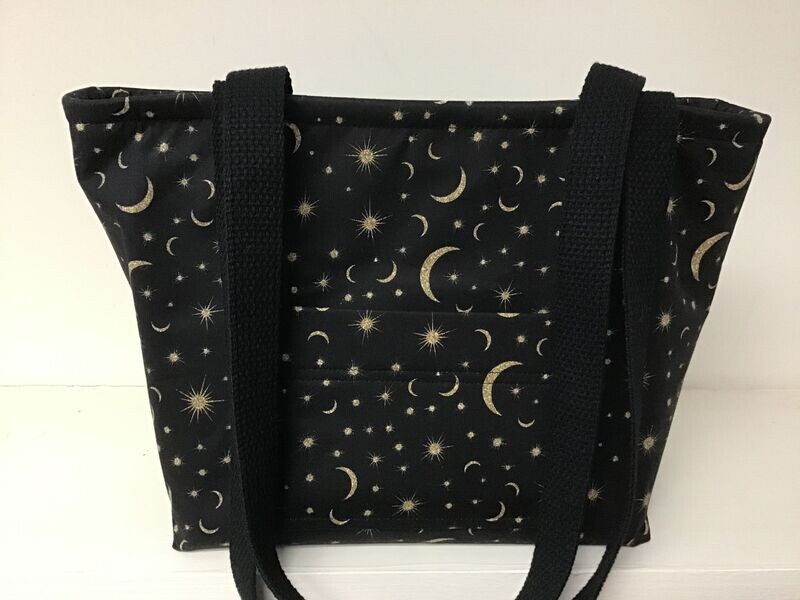 Golden crescent moons & stars on black, black straps