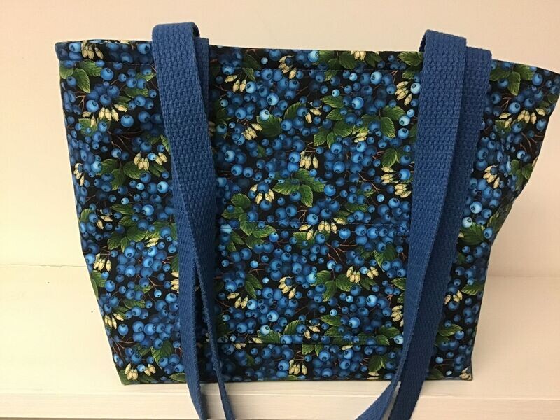 Blueberries & leaves on black, black straps