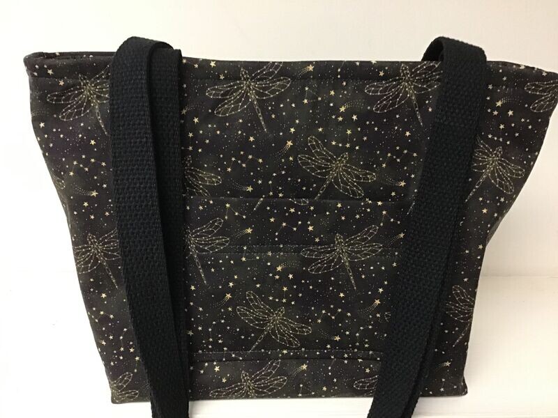 Golden dragonflies & stars on a black/deep brown sky, black straps