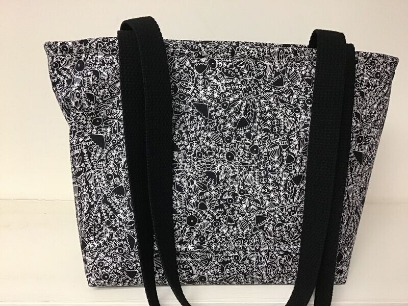 Sweet squiggly floral print on jet black, black straps