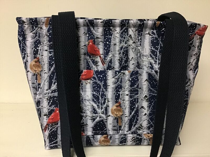 Male & female cardinals with birch trees on a snowy dark blue sky, dark blue straps