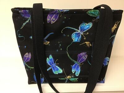 Bright watercolor dragonflies outlined in gold on black, black straps