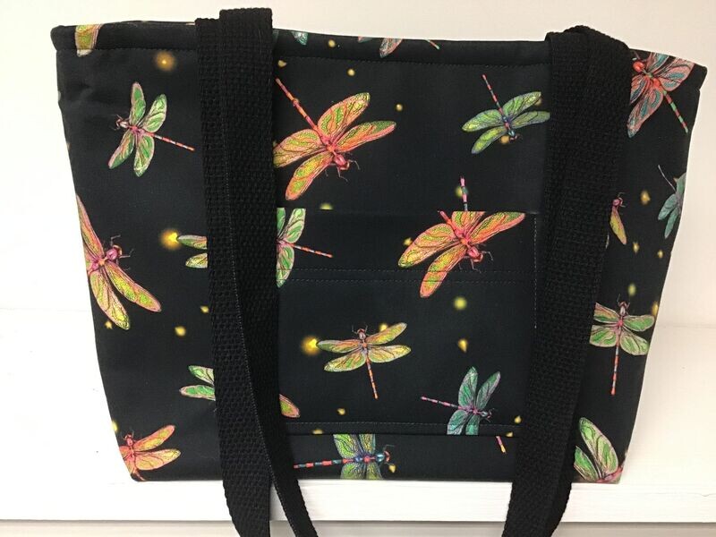 Dragonflies & fireflies on black, black straps