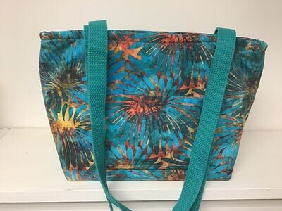 Bright batik floral print in turquoise and teal, teal straps