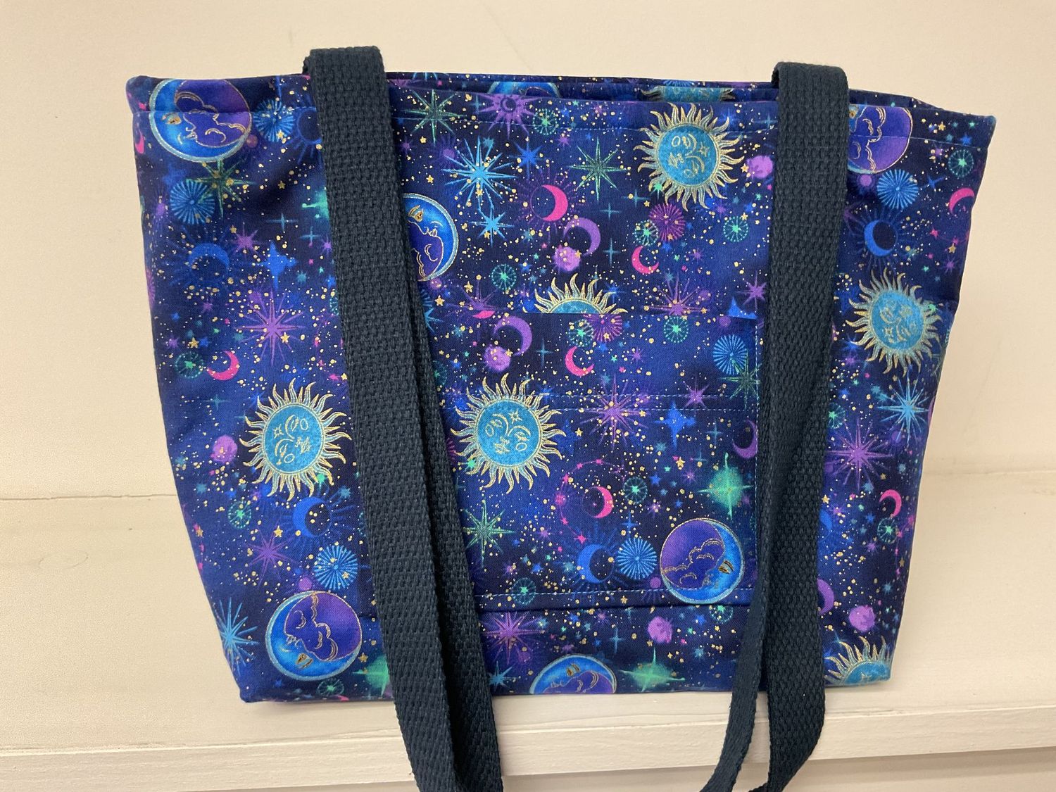 Monn, sun & stars on a night blue sky, navy blue straps