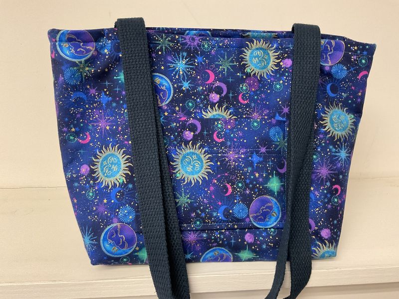 Monn, sun & stars on a night blue sky, navy blue straps