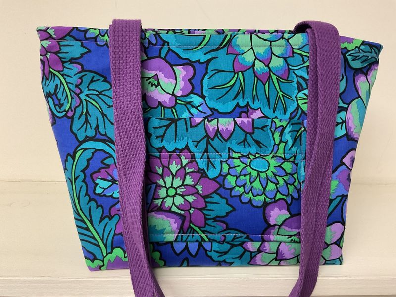 Elegant floral print in blues & purples, purple straps