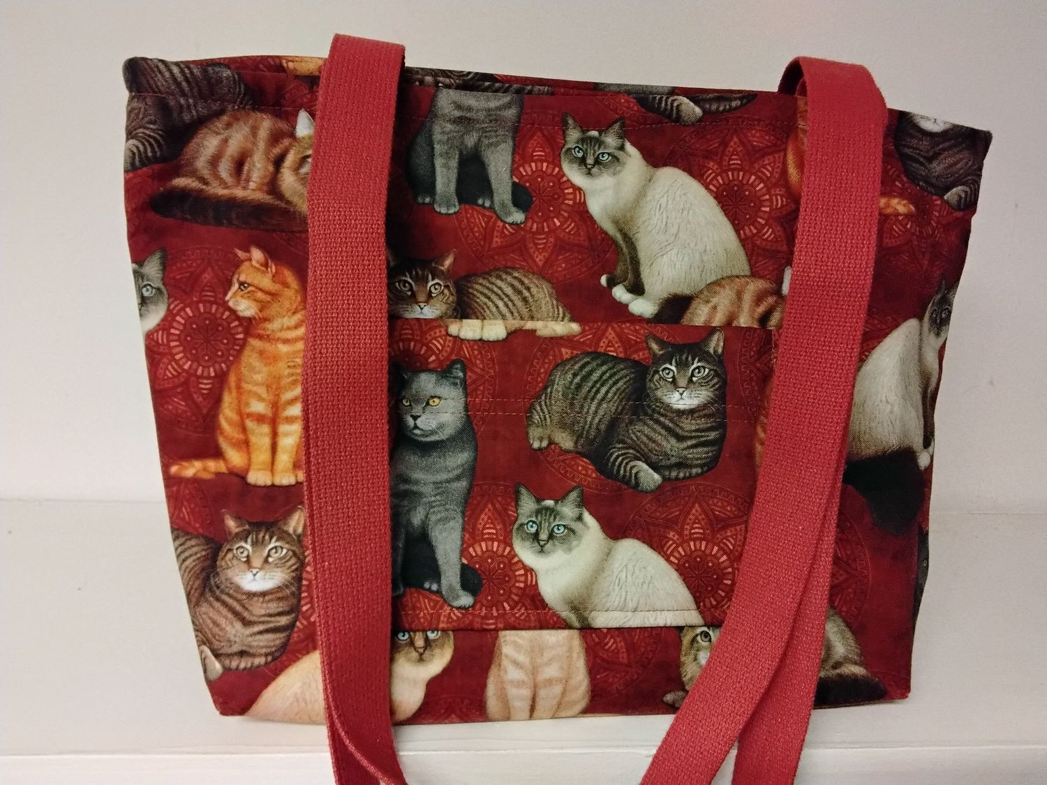 Many different cat breeds on a rust background, rust colored straps