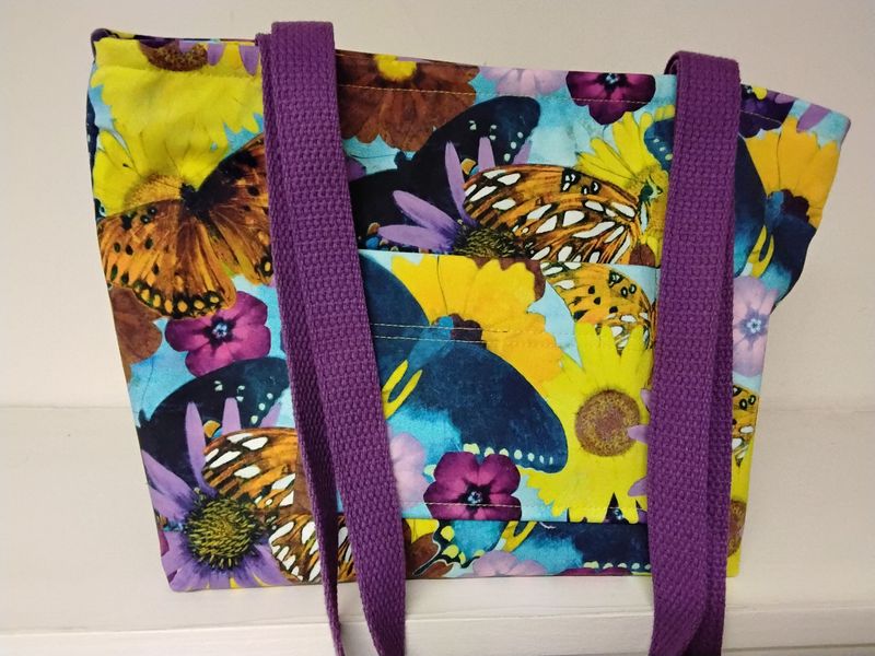 Flowers & butterflies on sky blue, purple straps