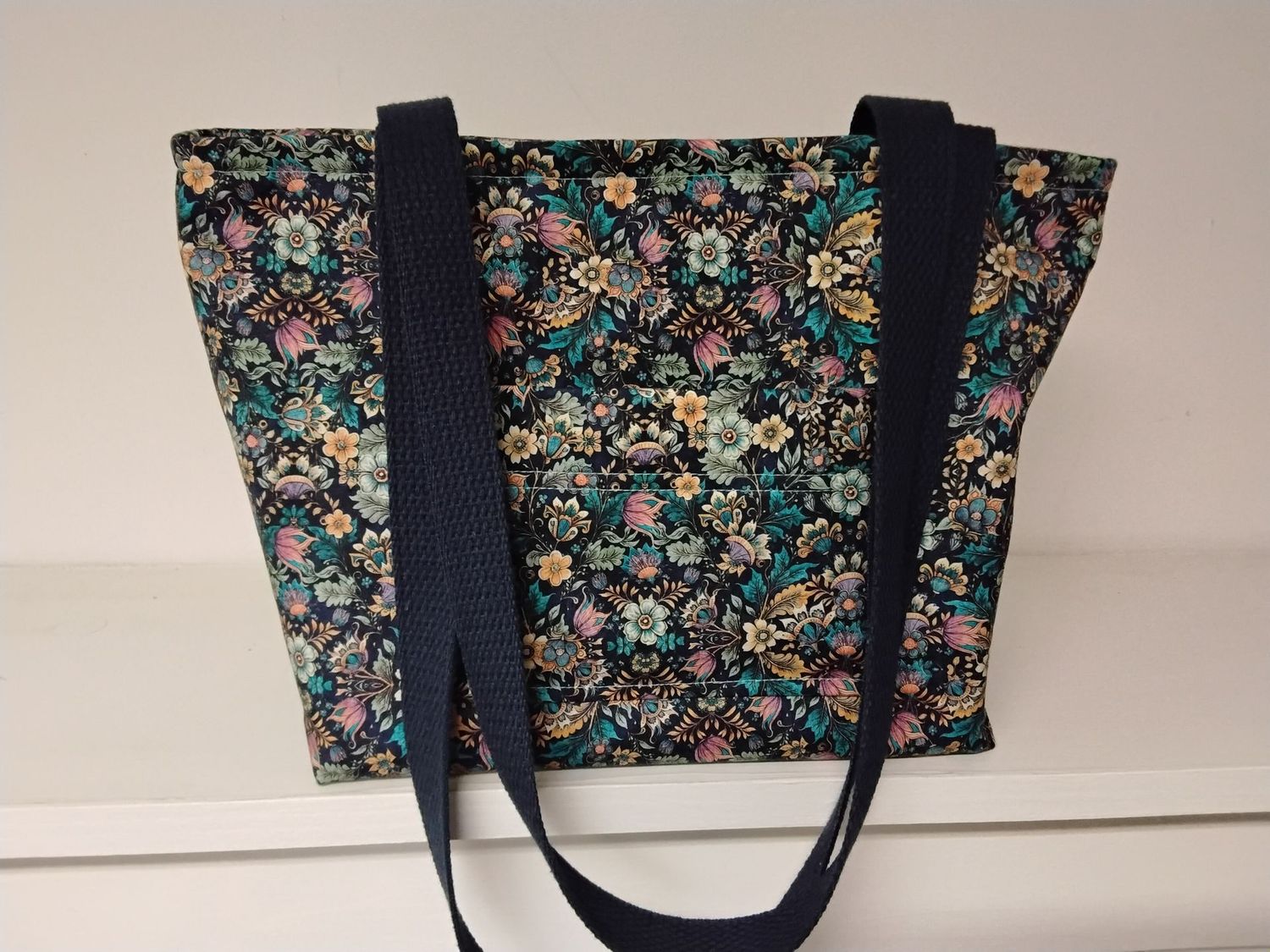 Quiet, but elegant tiny floral print on dark blue, dark blue straps