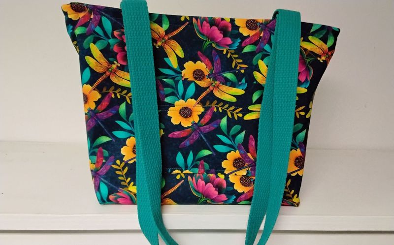 Bright floral with dragonflies on black, black straps Bright floral with dragonflies on black, black straps