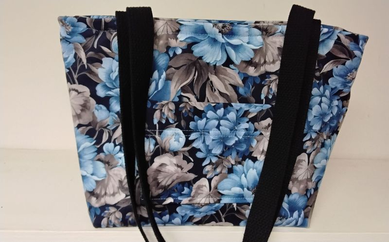 Light blue & gray floral on black, black straps Light blue & gray floral on black, black straps