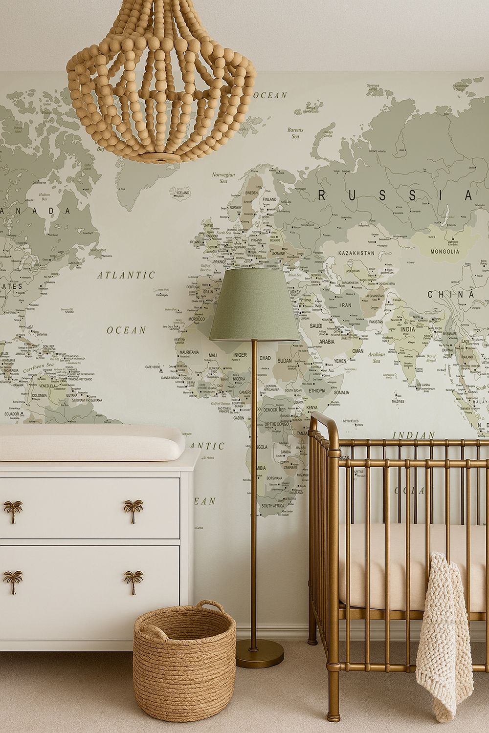 World Map (Neutral, cream, browns and sage) Removable Wallpaper Mural