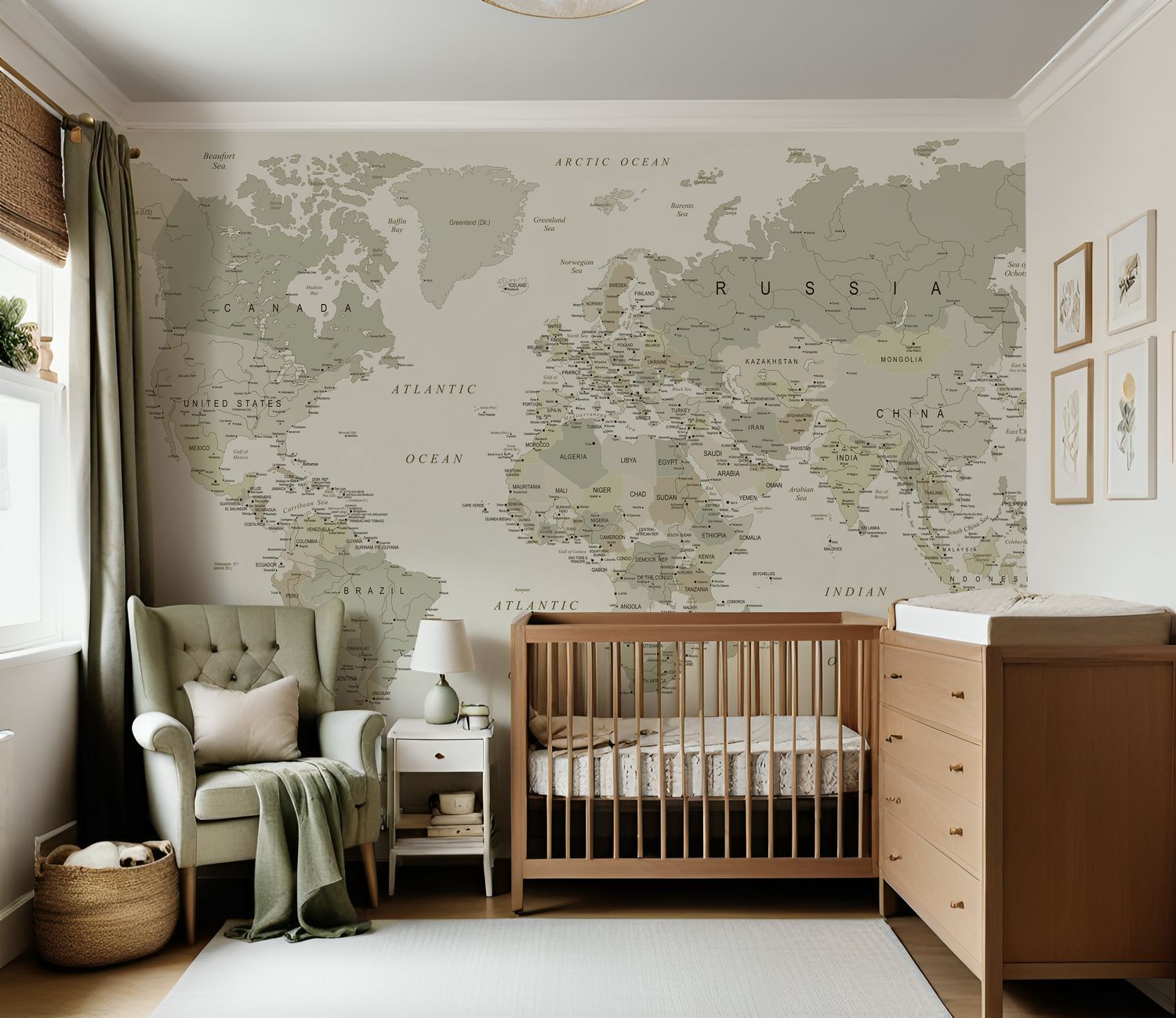 World Map (Neutral, cream, browns and sage) Removable Wallpaper Mural