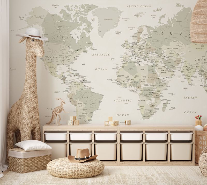 World Map (Neutral, cream, browns and sage) Removable Wallpaper Mural