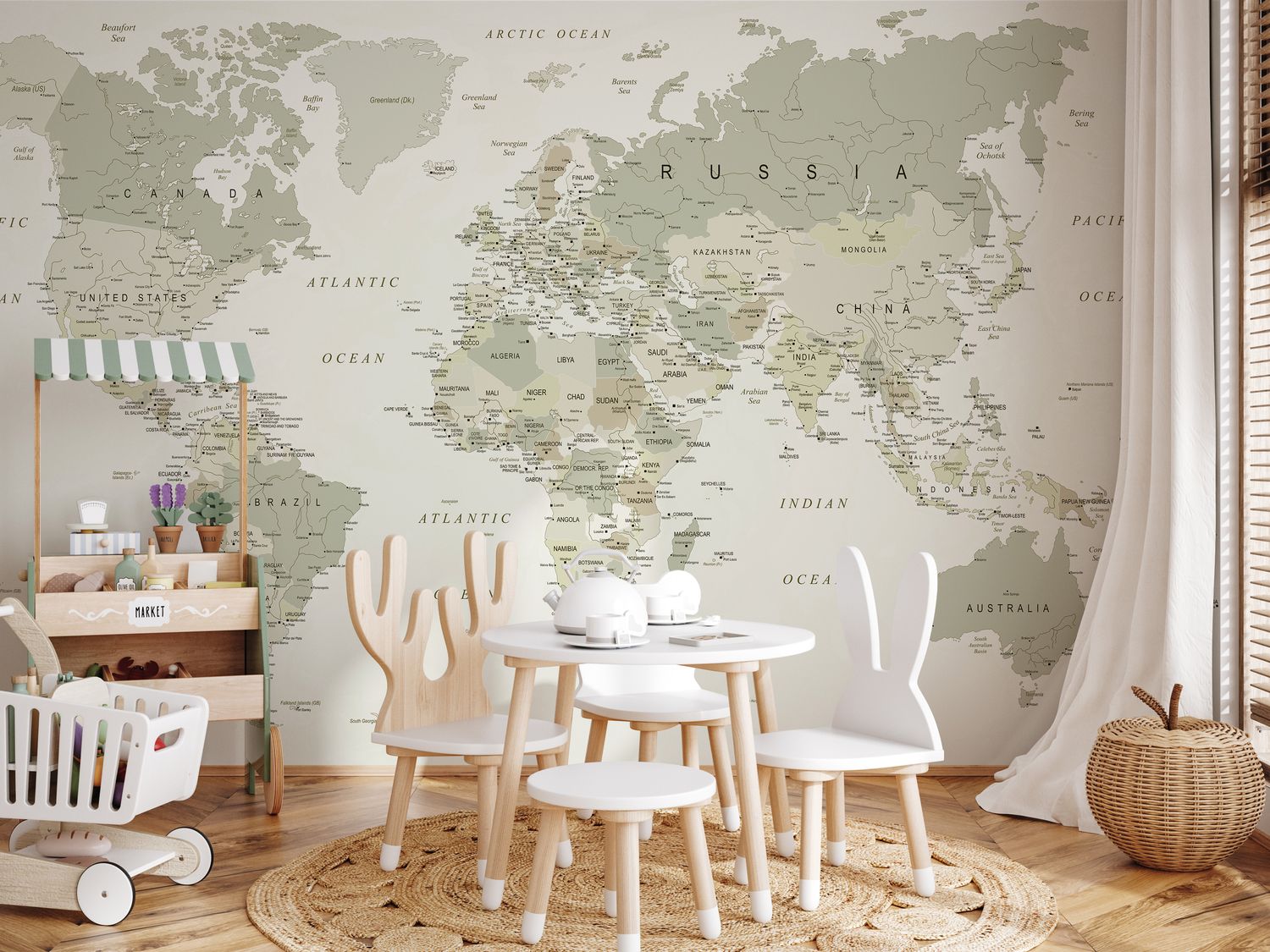 World Map (Neutral, cream, browns and sage) Removable Wallpaper Mural