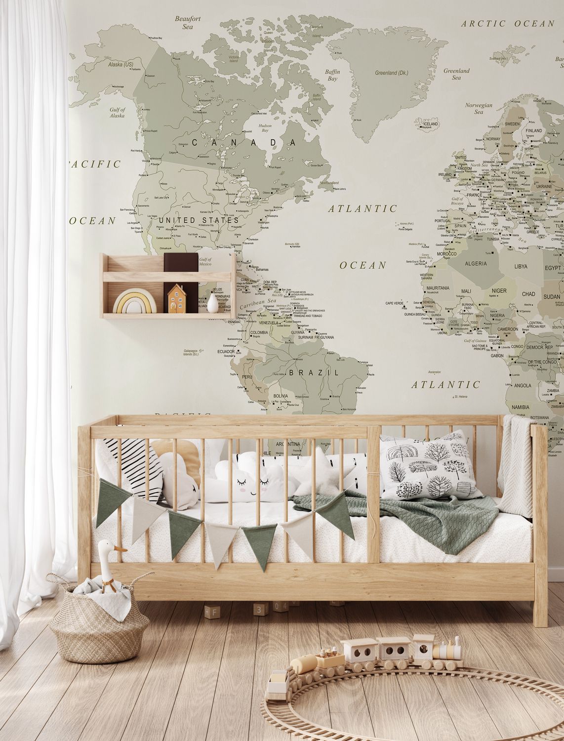 World Map (Neutral, cream, browns and sage) Removable Wallpaper Mural