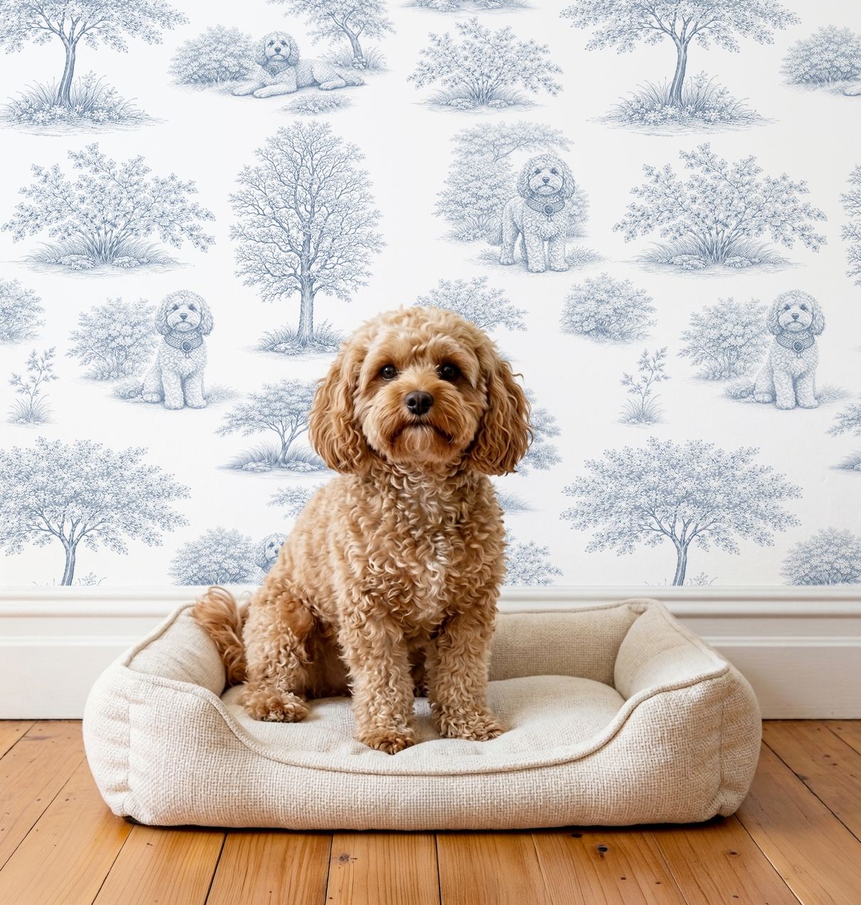 French Toile de Jouy (Cavoodle Dog) Removable Wallpaper French Toile de Jouy (Cavoodle Dog) Removable Wallpaper