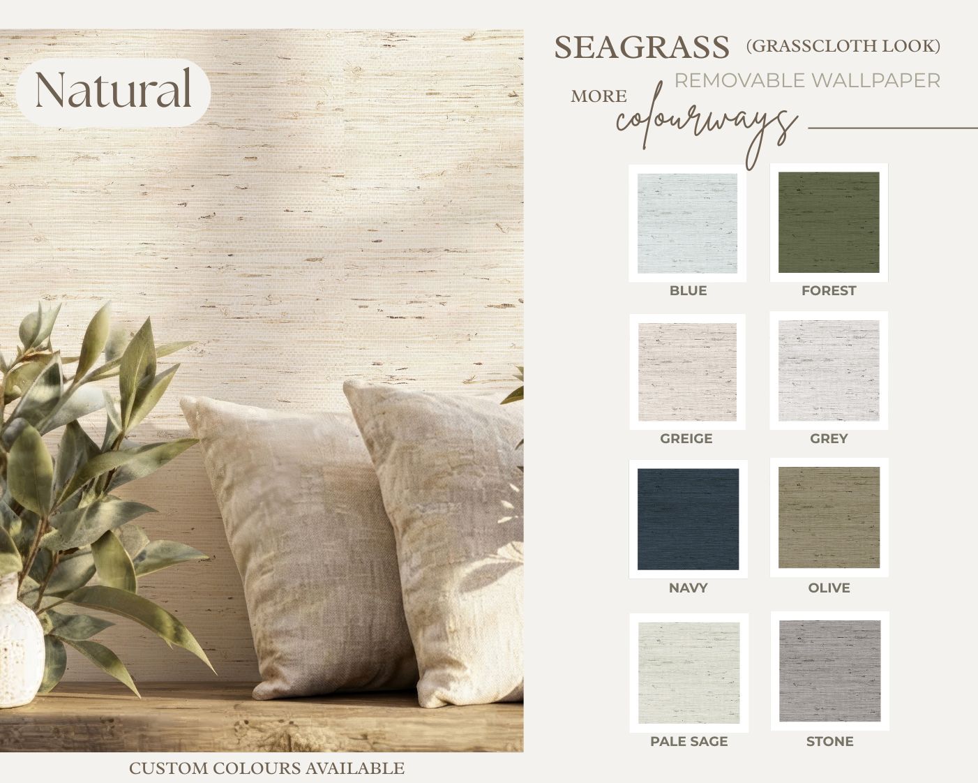 Seagrass (Grasscloth Look) Removable Wallpaper - colour options