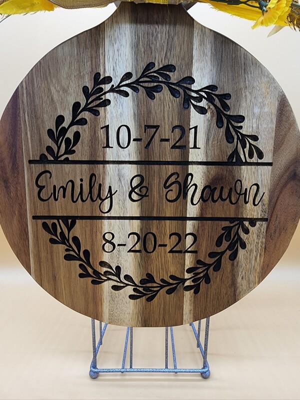 Round Personalized Cutting Board for Wedding or Anniversary - Laser Engraved Wood Board - Custom Charcuterie Board, Home Decor, Food Tray- Personalized Mothers Day Gifts. 

