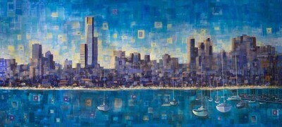 Melbourne from the Bay - Panorama - extra-large hand-finished canvas reproduction, from