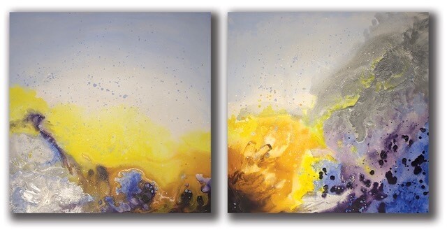Abstract Wall Art - &#39;Spring Rain Diptych&#39; - 2 canvas panels, limited edition of 50, hand-finished giclee artwork on canvas