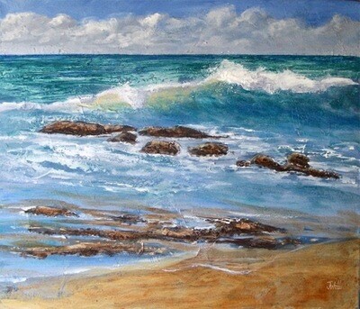 painting of rocks and ocean