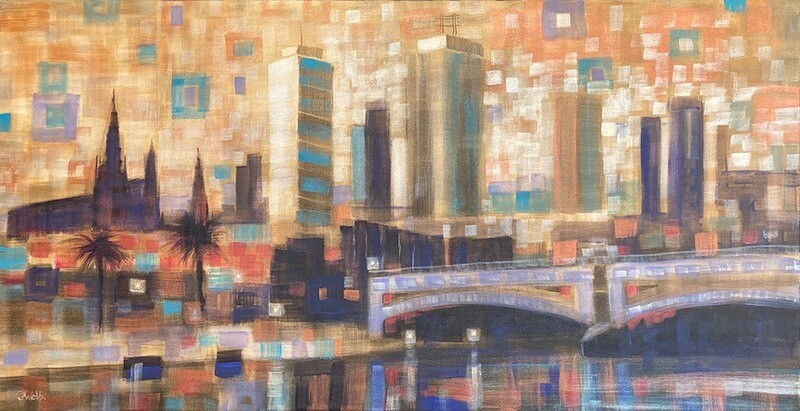 Melbourne painting, Princes View xv - 100x50cm, mixed media on canvas