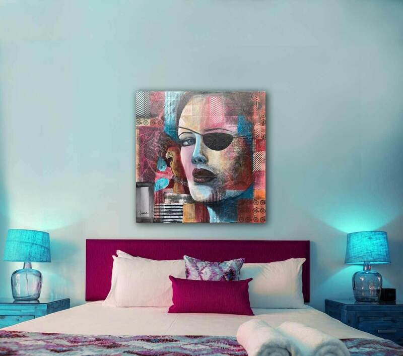 Original figure painting - 'Love on the High Seas ' - 100x100 cm ,  mixed media on canvas, stretched