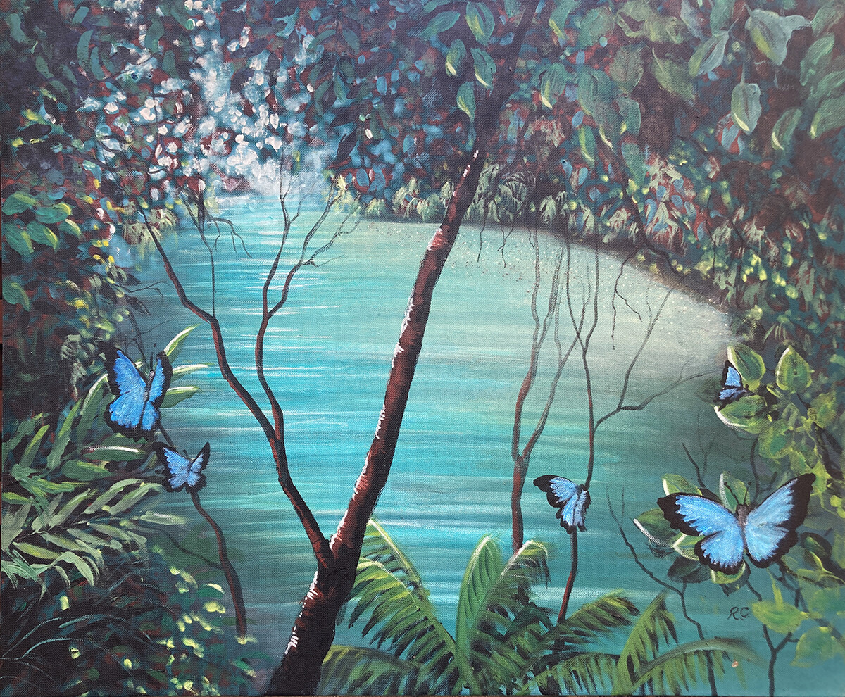 Rainforest painting - 'Ulysses of the Daintree ' - 60x50 cm , original OUTDOOR painting, Robert Corcoran