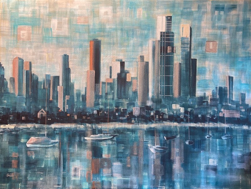 Original Outdoor painting of Melbourne - &#39;Late afternoon wine, St Kilda kiosk &#39; - 120x90 cm , Jennifer Webb
